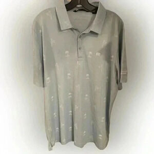 Travis Mathew polo shirt. Short sleeve blue with palm trees & birds sz XL